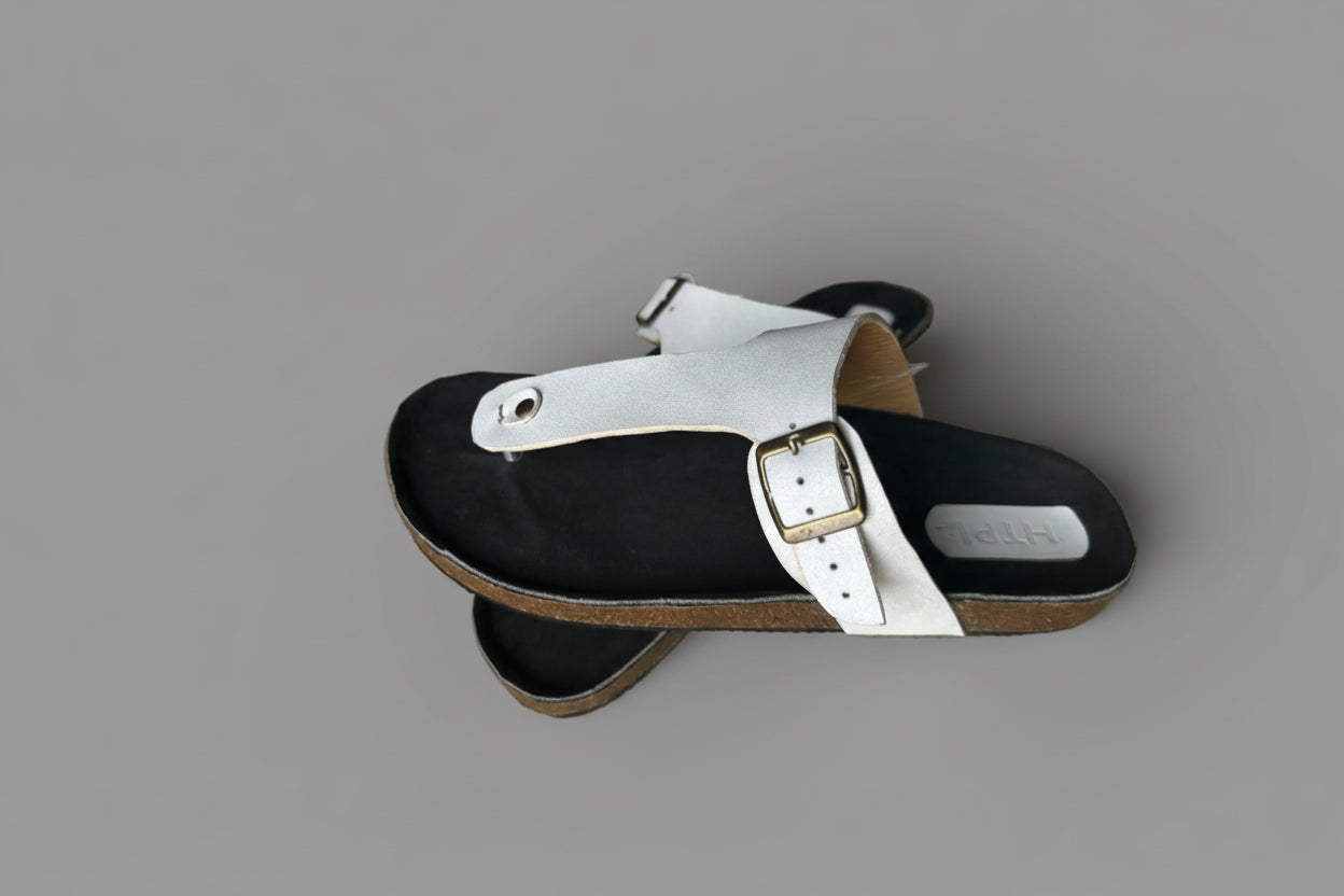 Black and white cork sandle.