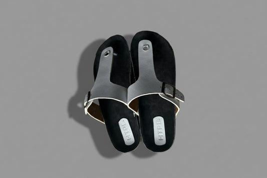 Black and white cork sandle.