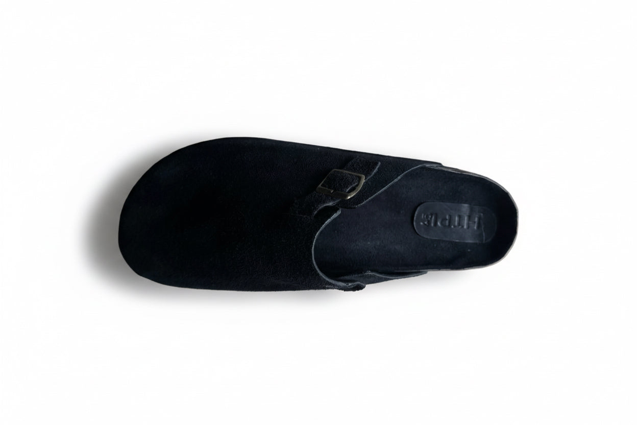 Black suede clogs