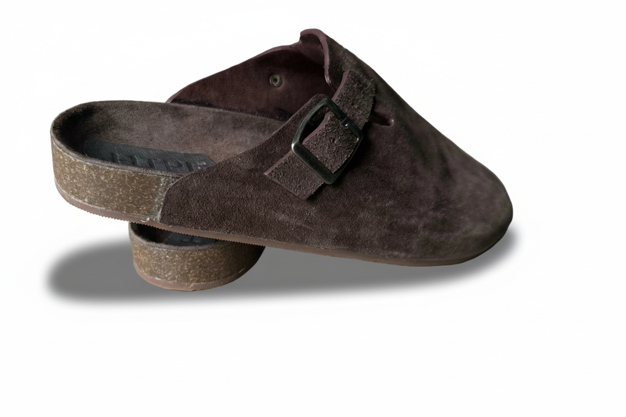 Brown suede clogs